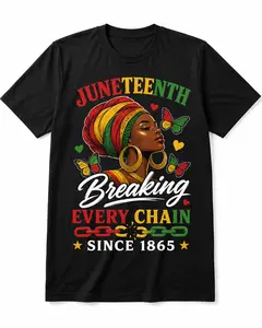 Men's Casual Round Neck Short-Sleeve Streetwear T-Shirt - Juneteenth Breaking Every Chain Since 1865, Black History Freedom Day Afro Woman Graphic, African American Pride, 100% Cotton, USA Shipped, Unisex Style