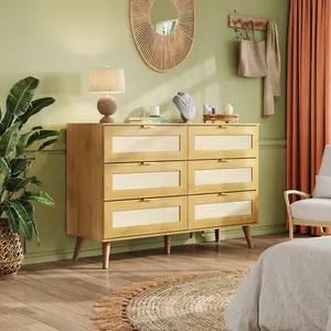 WLIVE Rattan Dresser for Bedroom, 6 Drawer 47.24'' Wide Boho Wood Dresser, Chest of Drawers, Gold Metal Handle, TV Stand for 55 inch TV, Storage Cabinet for Living Room, Hallway