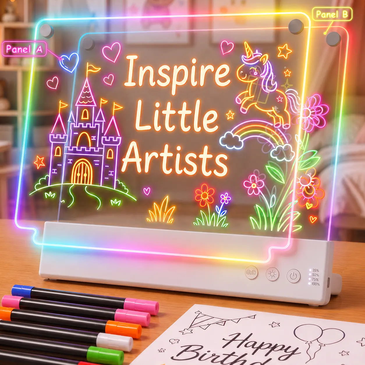 16" Dual-Layer Acrylic Neon Glow LED Drawing Board for Kids Ages 4+, Rechargeable Unisex Artistic Play Dry Erase Light Up Doodle Pad with Color Lights, Easter Birthday Gift