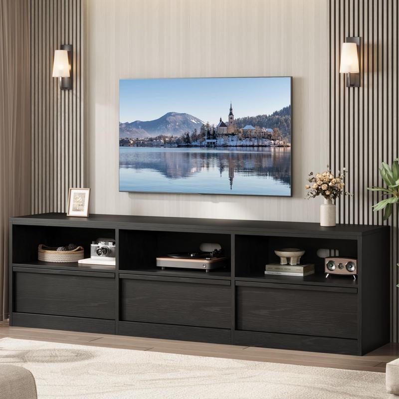 70" TV Stand for TVs up to 85" - Mid Century Modern Entertainment Center with Storage Drawer & Open Shelves, for Living Room & Bedroom, Black