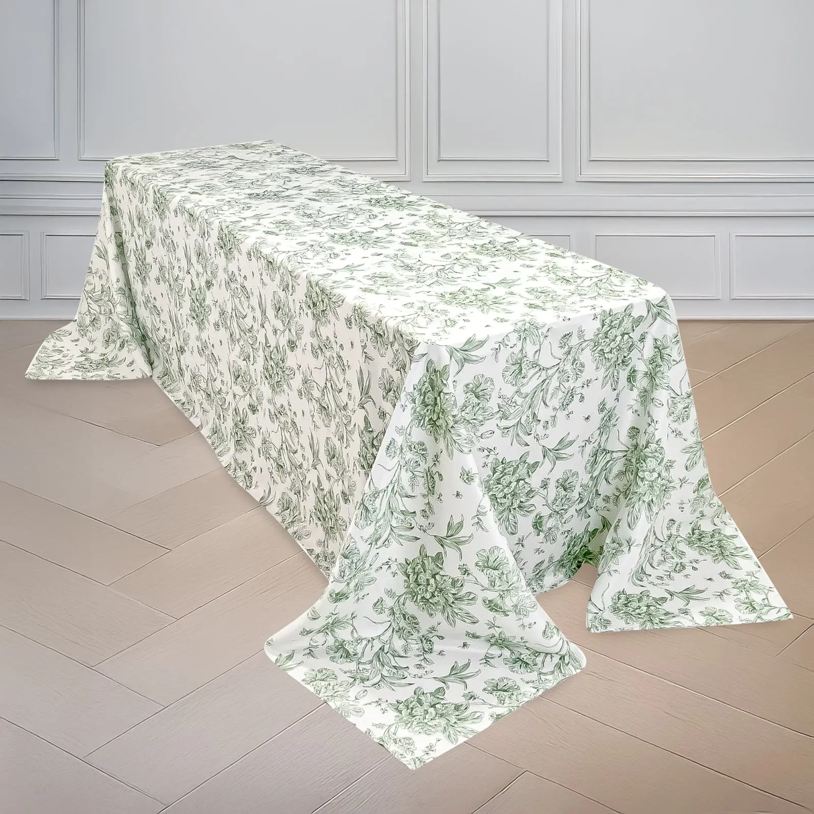 Rectangle Tablecloth, 90"x132" White-Dusty Sage Green French Toile Polyester Seamless Outdoor Table Cover, Machine Washable for Weddings, Chic Events, Machine Wash