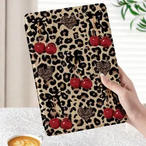 Leopard-Print Heart-Shaped Red Cherry Pattern Ultra-Thin iPad Case with Pen Slot & Sleep/Wake Function | Shockproof Anti-Slip Flip-Cup Stand Cover for iPad 10th/11th Gen, A16, Pro, Air & Galaxy Tab S9 FE+ Series | Valentine's & New Year Gift for All Gende