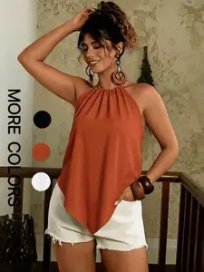 Elegant Chic Summer Vacation Halter Neck Camisole, Asymmetrical Hem Sleeveless Top, Sexy Backless Loose Fit, Ideal for Daily Wear, Travel, Dates, Womenswear