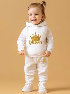 Baby Toddler Sportswear Outfit Set 2 Piece, Cartoon Gold Foil Crown Letter Print Hoodie and Pants, Fall Winter Fashion Casual Comfort Trendy