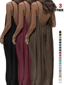 Women's Summer Sleeveless Spaghetti Strap Plain Dress, Elegant Long Nightgown for Indoor Wear, Casual Loose Fit Loungewear for All Seasons