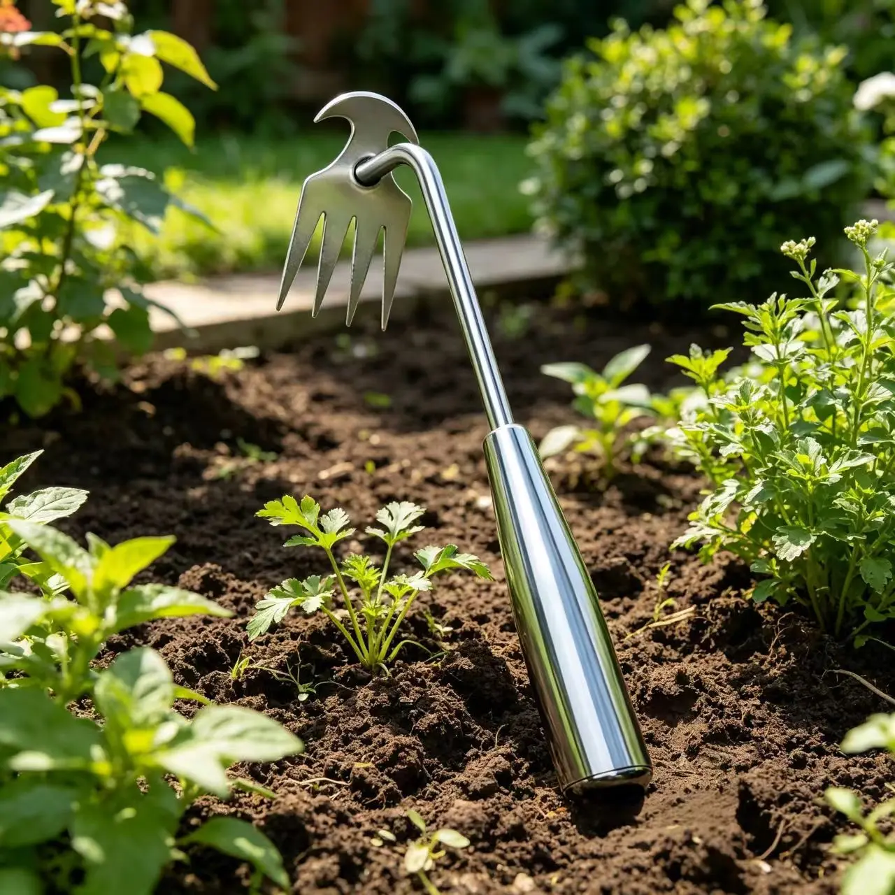 4-Tine 2-in-1 Garden Weeder Tool - Lightweight Uprooting Hand Tool with 2-in-1 Functional Design, 30cm Total Length, 8.5cm×4cm Rake Head, Comfortable Non-Slip Grip for Garden Farm Weed Removal