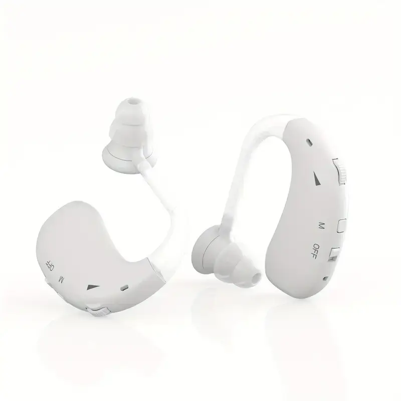 BTE Rechargeable OTC Hearing Aids for Seniors, Skin-Safe TPE Digital Sound Amplifiers (2 Pcs) with Mild-to-Moderate Hearing Loss Support, Noise Reduction, Clear Sound & USB Cable