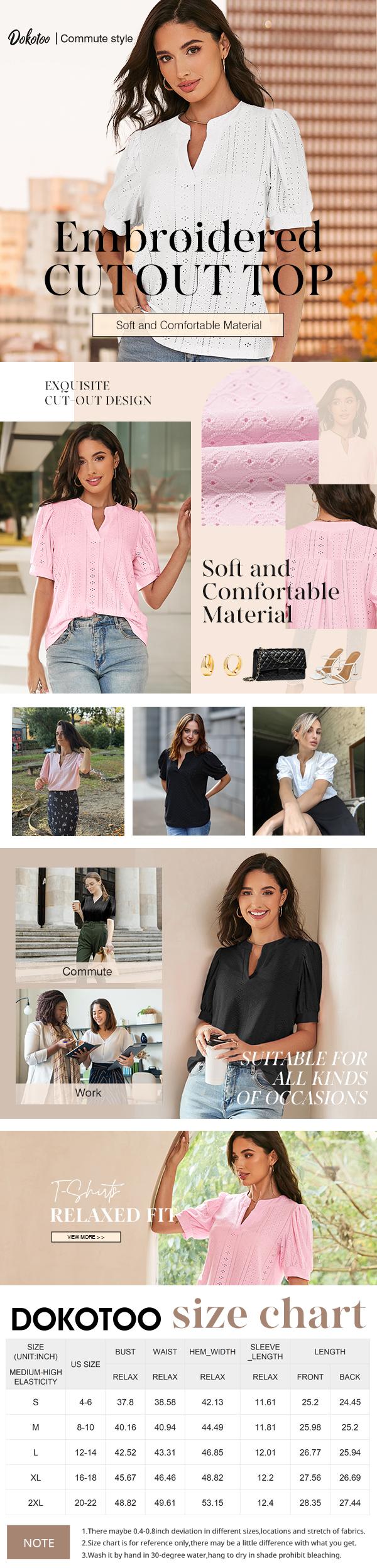 Dokotoo Women's Summer Business Casual Blouses V Neck Short Sleeve Shirts Hollow Out Cute Lace Tops Loose Fit Breathable Fabric