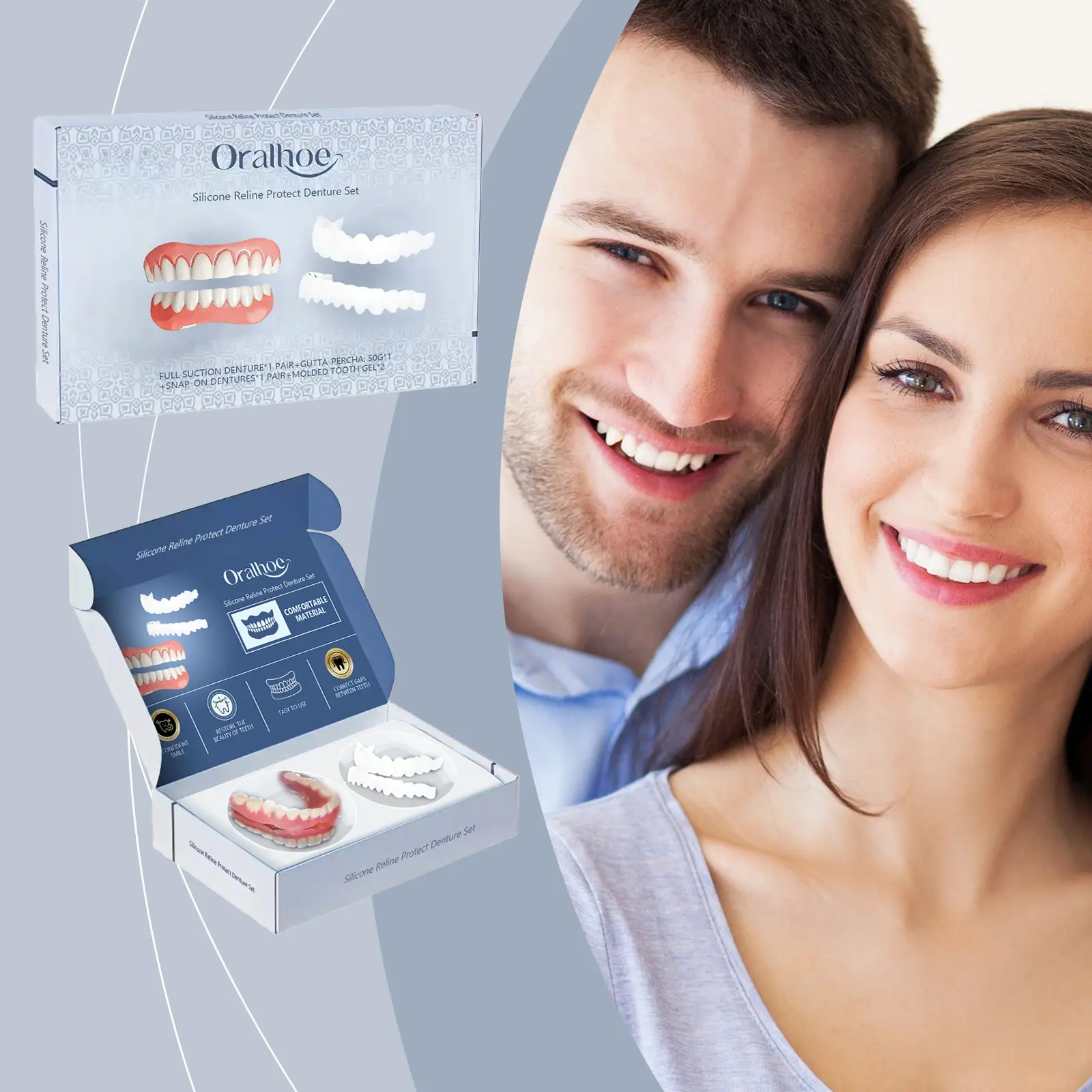 Oralhoe denture modification dental beauty set Dental beauty cover improves smile aesthetics comfortable material，It only relines loose dentures, not wearable alone.