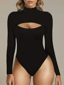 Women's Shapewear Bodysuit, Front Cutout High Neck Long Sleeve, Comfortable Butt Lifting Tight Fit, All Season Fashion Plain Design, Minimalist