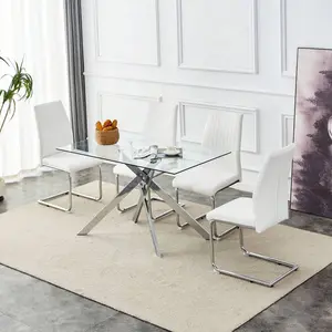 51.18" Rectangular Clear Tempered Glass Dining Table,Stylish Design With Golden Metal Legs, Dining Table For Dining Room