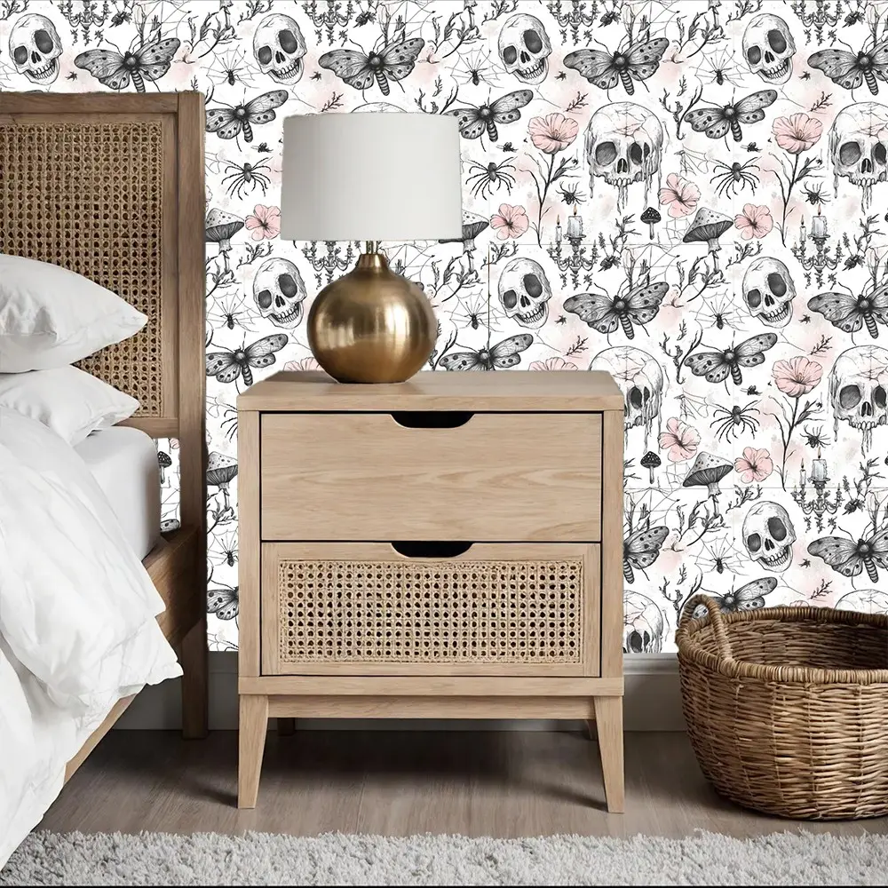 Peel-And-Stick Skull Floral Wallpaper, Sweet Cool Gothic Style, Removable Mould-Proof, Living Room Decor, Bedroom Wallpaper, Moving Gift