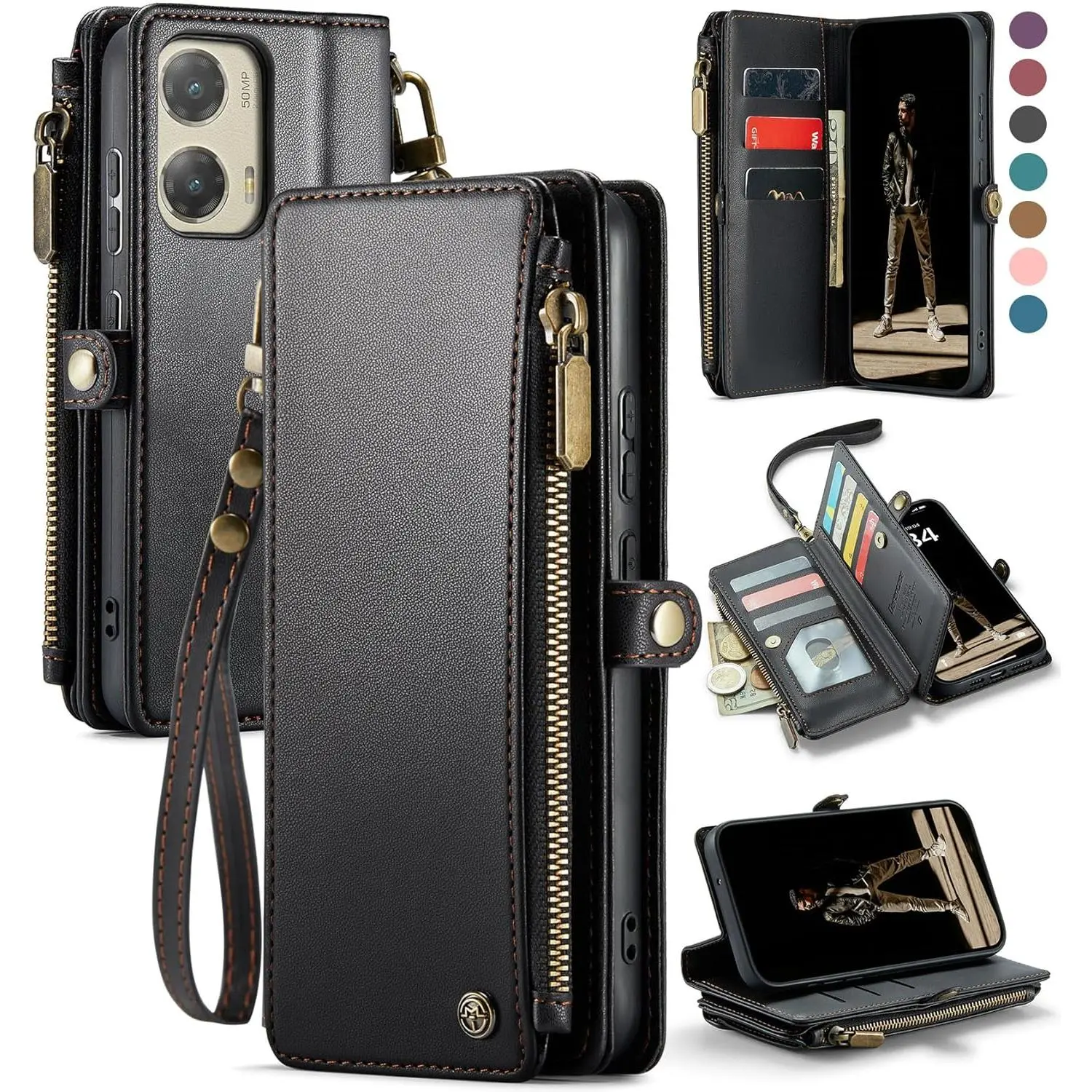Compatible with  G Stylus 5G 2024 Case, RFID Blocking Wallet Case Compatible for Motorola  G Stylus 5G 2024 PU Leather Flip Strap Zipper Card Holder Phone Case for Women Men, Black