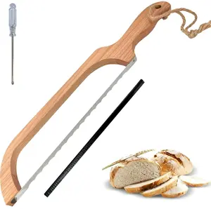 2-Pack Wooden Bread Slicer with 16'' Serrated Stainless Steel Knife – Bow Design Bread Cutter for Homemade Bread, Bagels, and Baguettes