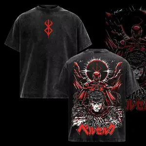 valentine shirts Classic Japan Anime Berserk Graphic Print T-shirts Men Women Loose Cotton Oversized Tees Vintage Washed Streetwear Harajuku Tops