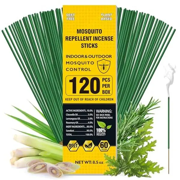 BugBai Mosquito Repellent Outdoor Patio 120 PCS, Citronella Oil Mosquito Incense Sticks Indoor Home Pet Family Safe, Natural Plant-Based Bug Insect Barrier for Yard Garden Lawn Camping Fishing, 0.5 lb