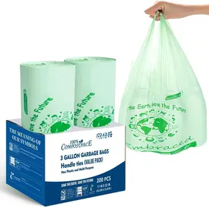 Compostable Trash Bags, 3 Gallon Compost Bags Small Kitchen Trash Bags with Handle, 200 Count Sturdy Biodegradable Garbage Bags  Scrap  Bags, ASTM D6400,  BPI Certified