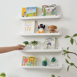 Wooden wall rack, children's floating bookshelf, wall mounted storage rack with cute fan-shaped edges, daycare bedroom game room, decorative wooden display rack