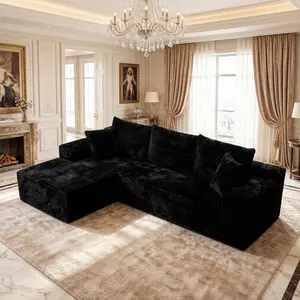 96" Sectional Sofa Couches for Living Room, Corduroy Cloud Couch Sofa, L-Shape Upholstered Boneless Couchs Modern Modular Sectional Couch with Chaise Lounge and Toss Pillow (Black + Left Facing Chaise)