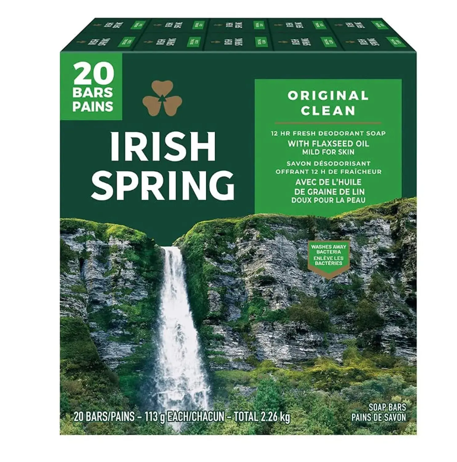 Irish Spring Men's Original Clean Scent Deodorant Bar Soap with Flaxseed Oil, Mild Antibacterial Cleanser, 12-Hour Freshness, 20 Bars, Hand Soap, Sudsy Lather, Body Wash Soap