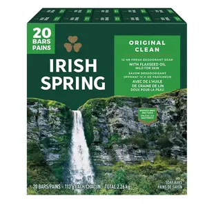 Irish Spring Original Clean 12 HR Fresh Deodorant Bar Soap Pack of 20 Mild for Skin with Flaxseed Oil 98% Naturally Derived Paraben Free - Body Care