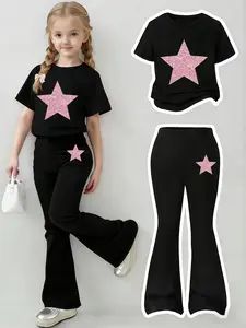 Girls' Casual Cotton T-Shirt & Flare Pants Set - Glitter Pink Star Print, Crew Neck, Elastic Waist, Shiny Girly Style, Soft Breathable, All-Season Wear, Machine Washable, Summer Outfits Set