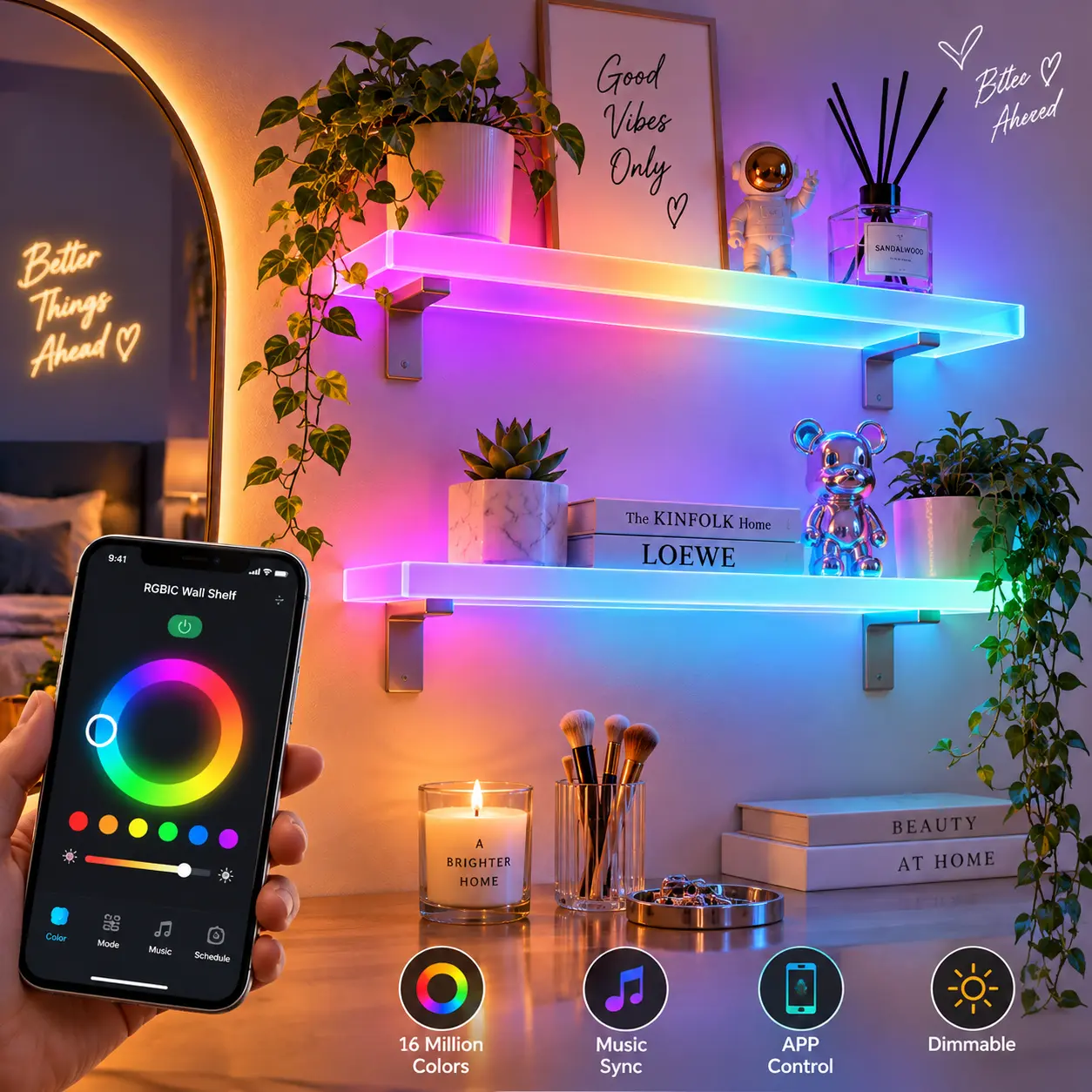 RGBIC Colorful Lighted 2-Shelf Frosted Acrylic Floating Wall Shelf Set, App-Controlled Display Storage Organizer with Music Sync & Timer, for Bedroom Room Decor, Home Improvement, Shelves For Bedroom