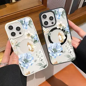 Elegant blue blossoms Pattern Magnetic Phone Case Supports Wireless Charging for iPhone 17 Pro Max Plus Air/ 15 16 14 Pro Max 13 12 11 XS Plus  Shockproof Non Slip Protection Silicone Transparent Acrylic Cover Cellphone Protective