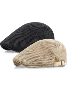 2 Pack Men's Mesh Cap Breathable Summer Newsboy Hat Adjustable Beret Ivy Cap Irish Cabbie Driving Hunting Hats