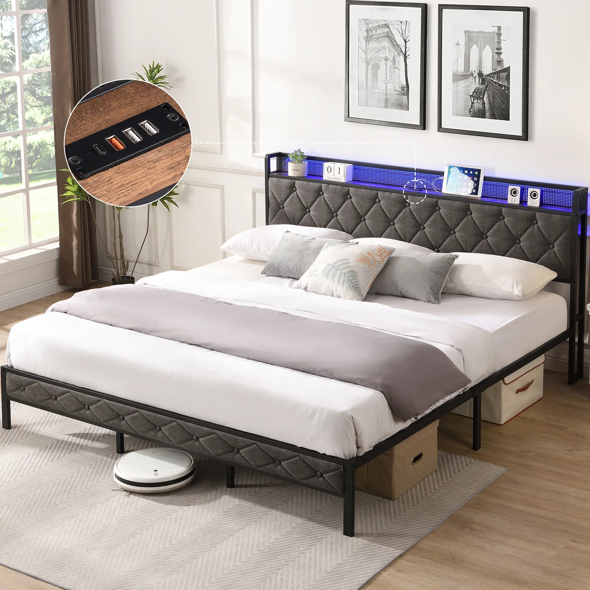 Upholstered Platform Bed Frame with Storage Headboard, Built-in Charging Station and LED Lights, Heavy-Duty Metal Slats, Noise-Free, No Box Spring Required, Dark Gray Bedroom Furniture