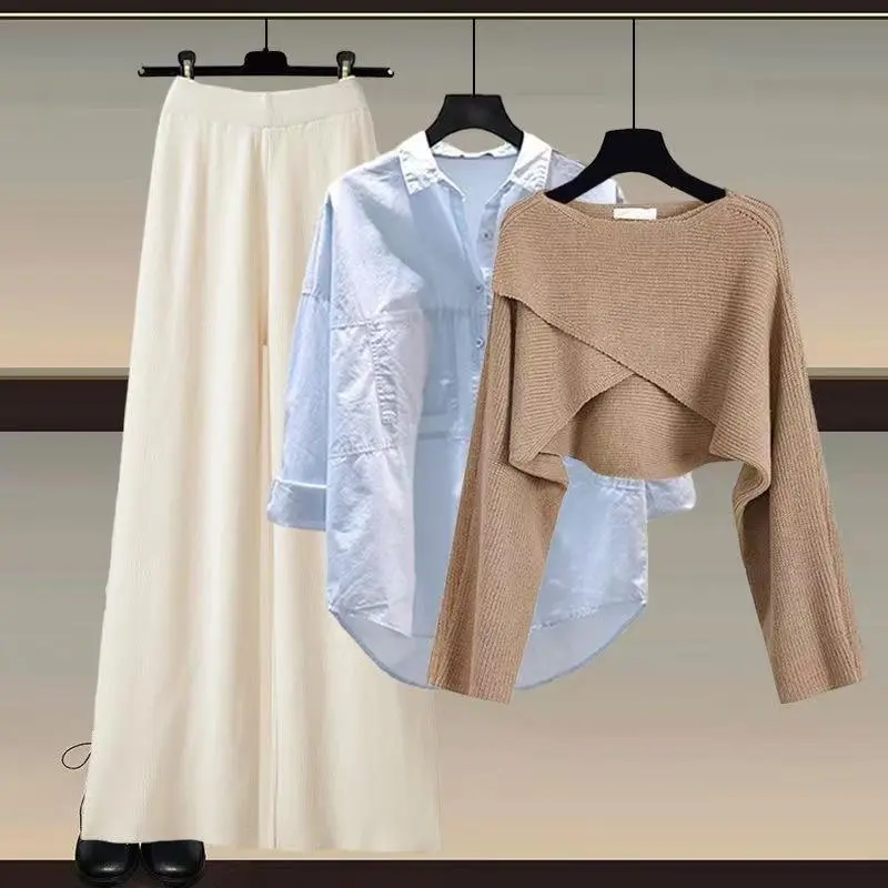 Coffee sweater + blue shirt + apricot wi