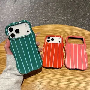 Ins Style Vertical Striped Wavy Edge 2‑in‑1 Glossy Film Phone Case, Minimalist Trendy Unique Aesthetic Shockproof Protective Cover for Girls & Women, Multiple Colors Available, Compatible with iPhone 11, 12, 12 Pro, 12 Pro Max 13,14,15,16,17,17 Pro Max