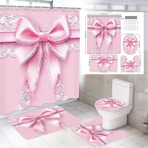1/4pcs Pink Bathroom Set with Satin Bow & White Lace Trim - Shower Curtain, Toilet Cover, Bath Mat & Floor Mat - Valentine's Day, Easter Decor for Feminine Bathroom, Pink & White Soft Decor Set, Bathroom Decoration Accessories