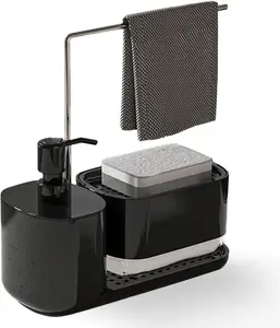 Double Soap Dispenser 4-in-1 Kitchen Set with Tray and Sponge Holder - Dish and Hand Soap Dispenser with Dishcloth Holder, Organizer and Cleaning Solution with Drip-Free Pump.