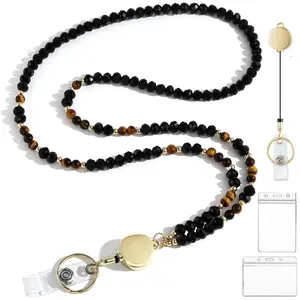 Retractable Lanyards for ID Badges and Keys,Natural Stone Crystal Handmade Beaded Teacher Lanyard for Women