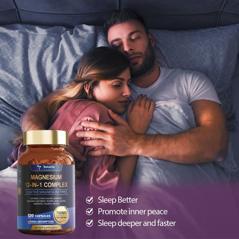Totaria 12-in-1 Magnesium Complex 700mg - Supplement with Glycinate Citrate Malate Oxide Taurate Aspartate Orotate, Vegan Capsules for Muscle, Heart, and Relaxation Support