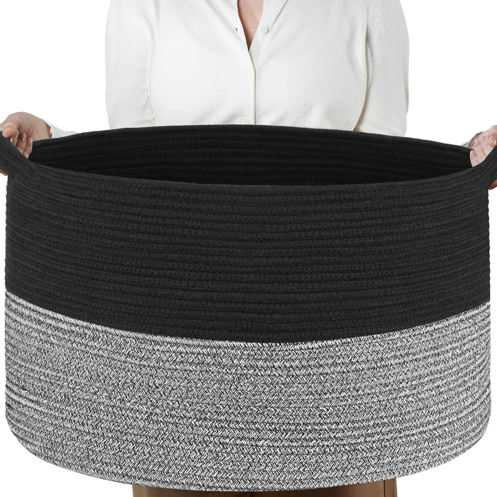 Sowyem XXXLarge Cotton Rope Basket 21.7" x 21.7" x 13.8" Woven Baby Laundry Blanket Basket Toy Basket with Handle Black Grey Storage Comforter Cushions Thread Laundry Hamper