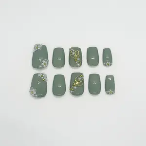 Presscription - Golden Sage - Hand Painted Press On Nails - Short Coffin - Soft Sage Green With White Flowers & Gold Pearls For Effortless Elegance