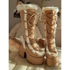 Women’s Winter Furry Snow Boots – Mid-Calf, Lace-Up/Zip, Block Heel, Chunky Platform, Warm Faux Fur, Punk/Gothic Style