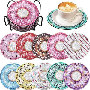 10 pieces/sets of colored donut pattern diamond painting coasters, DIY round wooden coasters, handcrafted artworks, diamond art sets, holiday gifts, home kitchen decorations, gifts for family and friends