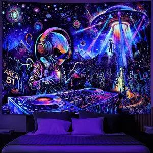 Galoker Blacklight Alien UFO Tapestry Trippy Galaxy Planet Tapestry UV Reactive Funny DJ Music Wall Tapestries Plant Cactus Tapestries Wall Hanging for Home Decor(51.2"x59.1") Decoration Items Starry Sky Pattern