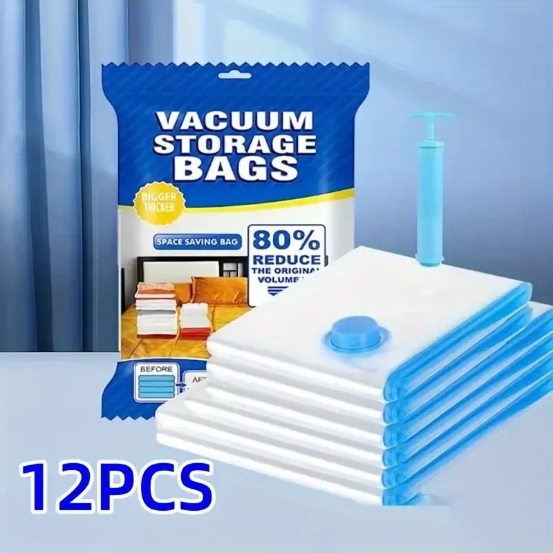 12-Pack Eco-Friendly Modern Vacuum Seal Storage Bags Set (5M,5L,2XL) with Zip & Hand Pump - Reusable Home Supplies Compression Bags for Clothes, Blankets, Bedding - Bedroom Box Space-Saving for Travel, Moving