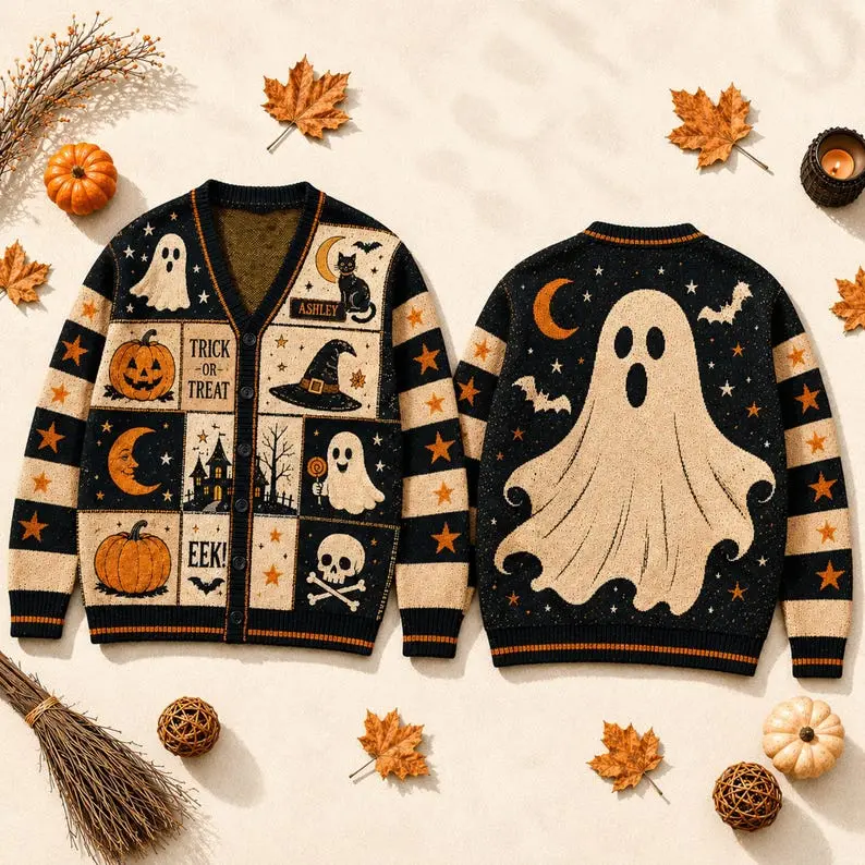 Personalized Halloween Patchwork Knitted Cardigan, Custom Name Ghost Pumpkin Black Cat Button Up Sweater, Cozy Fall Halloween Gift