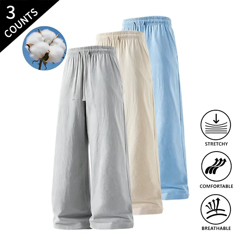 3-Pack Men’s Summer Vibes Breathable Wide-Leg Pants, Elastic Waist Drawstring Trousers for Summer Casual Wear