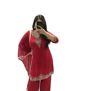 Traditional hand embroidery red kurtha salwar with Dupatta