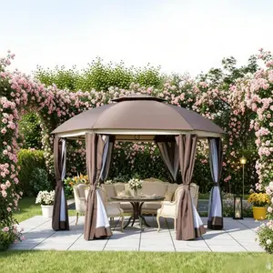 12x12 Outdoor Gazebo Canopy with Double-Tier Roof, Mesh Netting & Privacy Curtains, Heavy-Duty Steel Frame Patio Pavilion for Garden, Backyard & Events