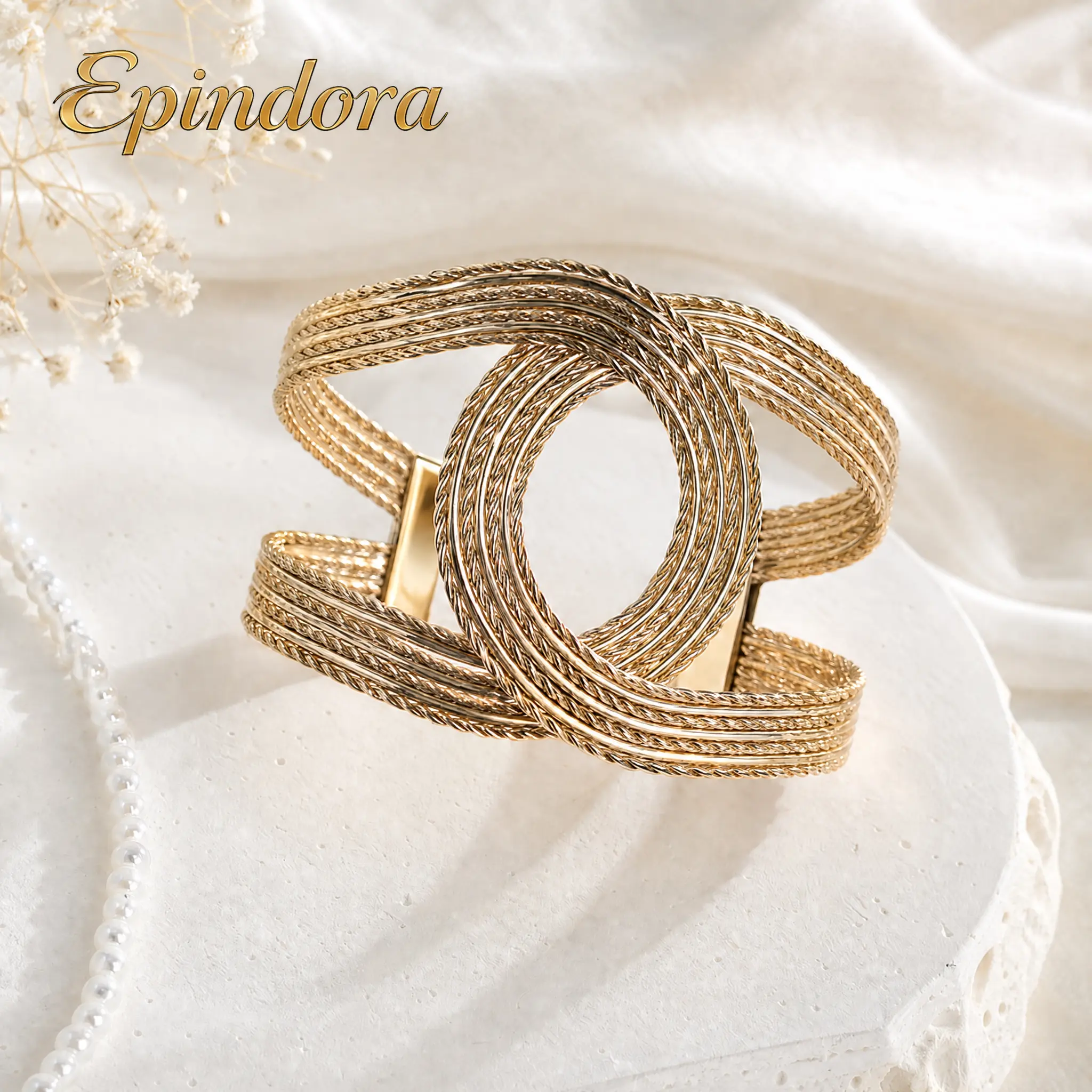 Epindora Gold-Tone Double C Interlocking Cuff Bangle — Multi-Strand Twisted Rope Luxury Statement Bracelet for Office Wear, Everyday Outfits & Minimalist Fashion