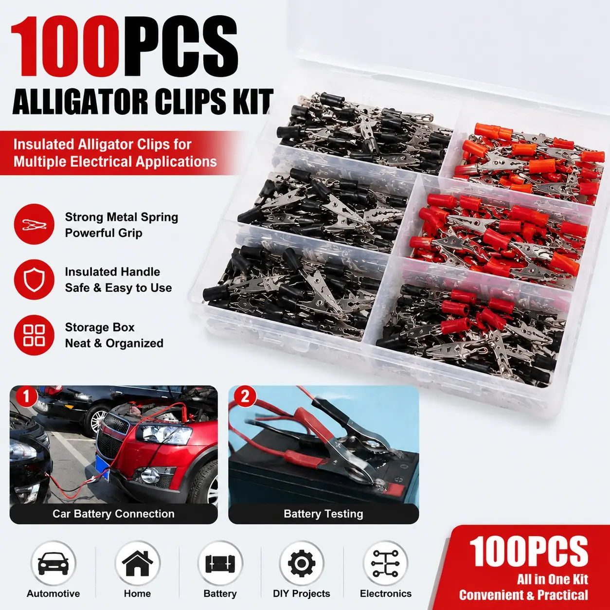 100PCS Alligator Clips Kit – Insulated Metal Spring Clips for Car Battery, Electronics, DIY, Home & Automotive Use – Durable Storage Box Included