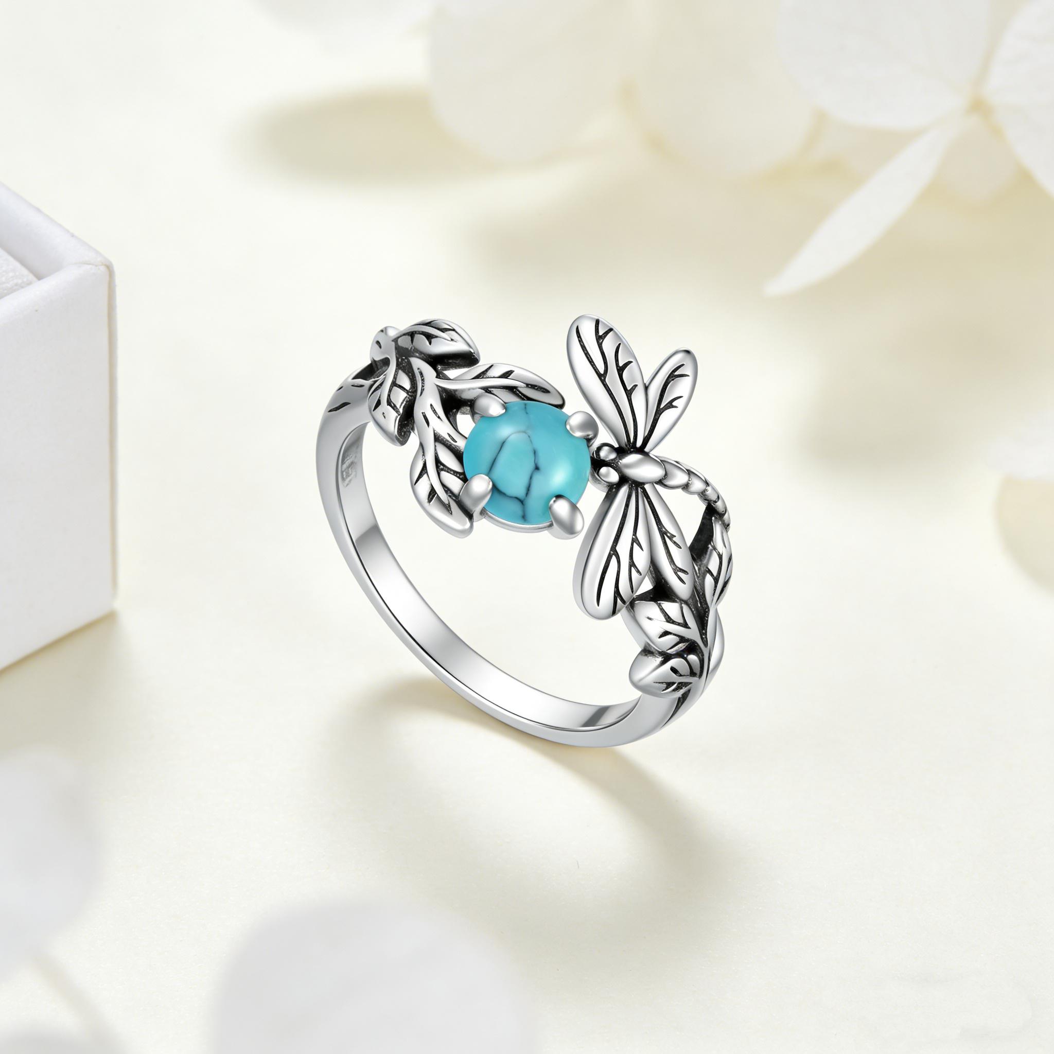 HXS 925 Sterling Silver Dragonfly Ring with Turquoise, Timeless Boho Jewelry
