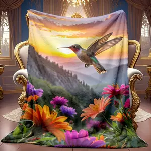 1pc Mountain Sunset Hummingbird Flying Pattern Theme Pattern Flannel Blanket Soft High-definition Digital Printing Cooling Blanket Suitable For All Year Round! 100% Polyester Fiber, Suitable For Family And Friends All Year Round
